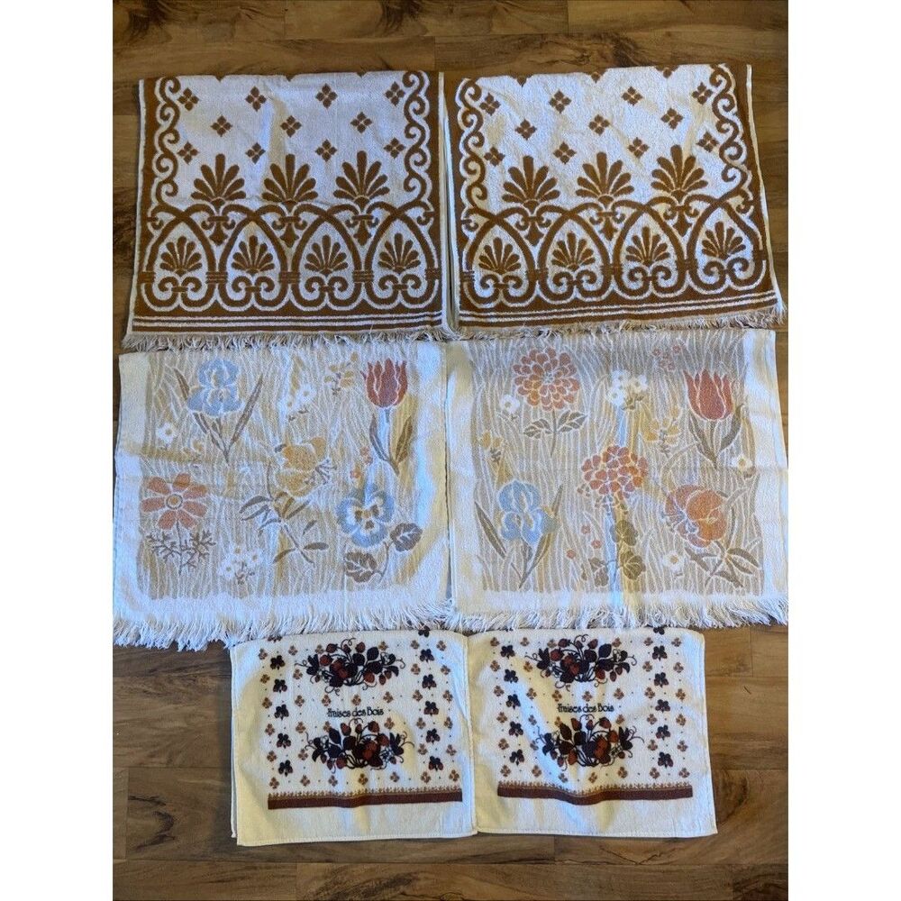 6 VTG Bath Hand Towels Brown Tan Fringe Sculpted Flowers Sayco Cannon Lady